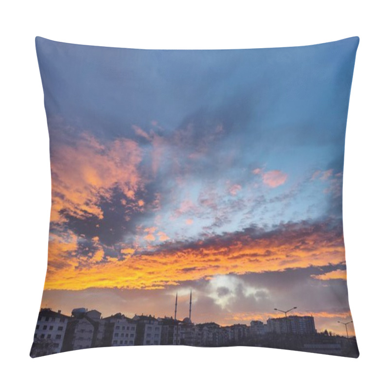 Personality  Fiery Sunset Of Hope: The Dramatic Blend Of Orange Flames And Calm Blue Sky, Symbolizing Balance Between Chaos And Serenity Pillow Covers