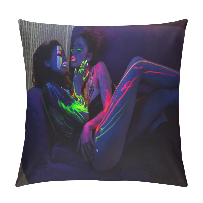 Personality  Sexy Lesbian Fashion Models In Uv Neon Light Pillow Covers