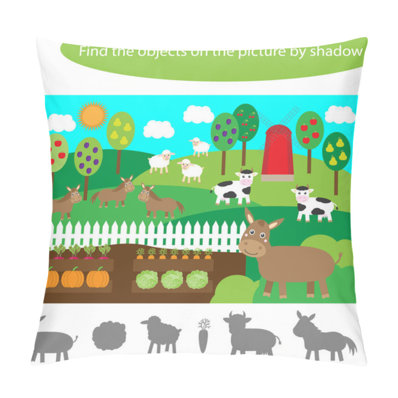 Personality  Find The Objects By Shadow, Game For Children Farm Animals And Garden Cartoon, Education Game For Kids, Preschool Worksheet Activity, Task For The Development Of Logical Thinking, Vector Illustration Pillow Covers