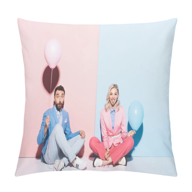 Personality  Attractive Woman Sticking Out Tongue And Shocked Man With Balloons On Pink And Blue Background  Pillow Covers