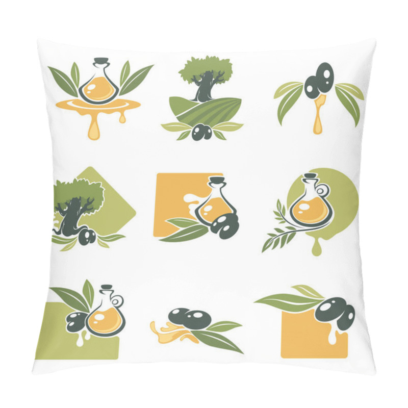 Personality  Collection Of Olive Trees And Oils, Branches With Vegetables. Isolated Set Of Organic Veggie Rich In Vitamins. Raw Product Growing On Plantation, Ripe Berry. Vegetarian Menu Vector In Flat Style Pillow Covers