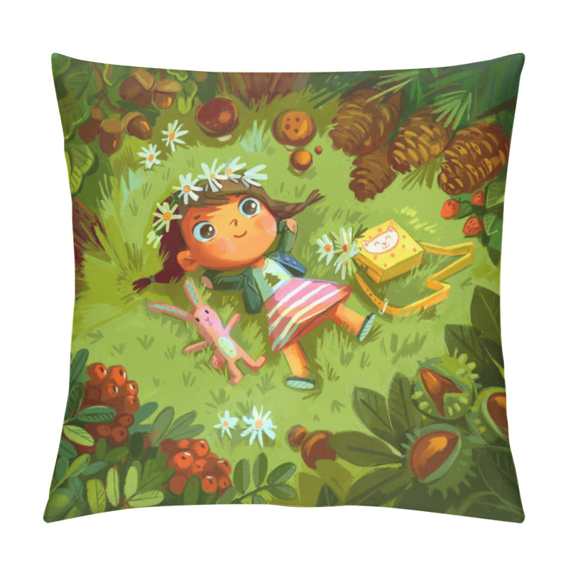 Personality  Little Girl Lies On A Meadow On The Grass In The Forest Pillow Covers