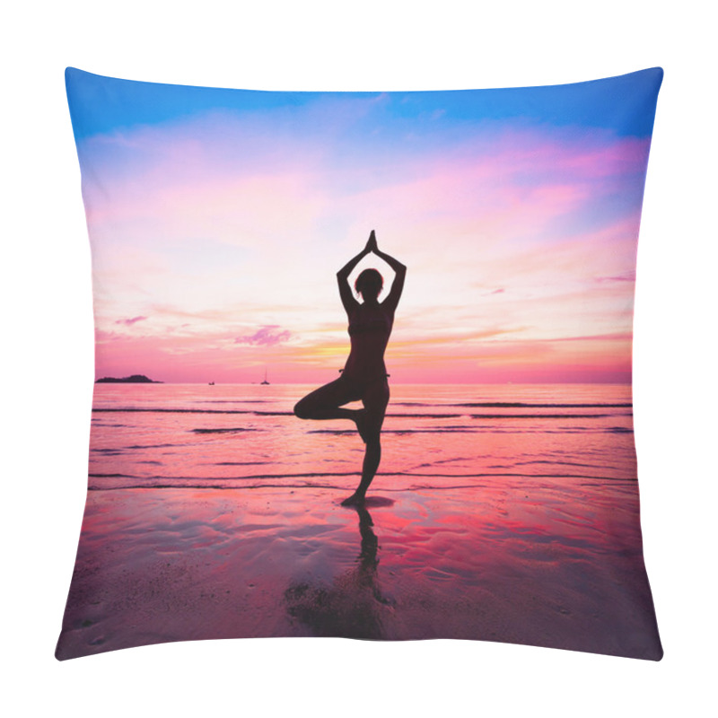 Personality  Young Woman Yoga Practice At The Seaside At Sunset Pillow Covers