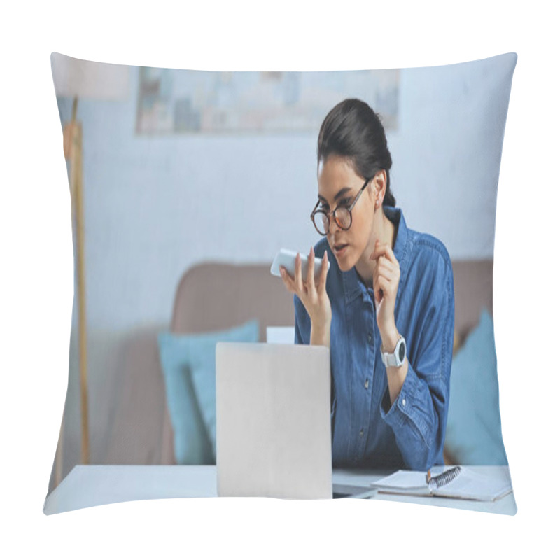 Personality  Young Woman Recording Voice Message On Smartphone Near Laptop  Pillow Covers