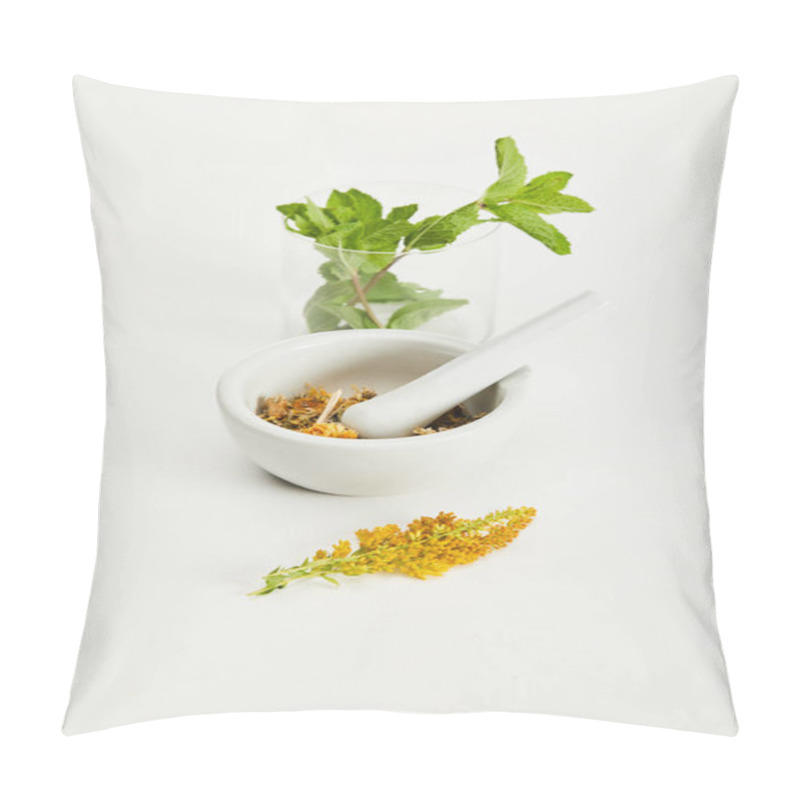 Personality  Mortar And Pestle With Herbal Mix Near Goldenrod Twig And Glass With Fresh Mint On White Background Pillow Covers