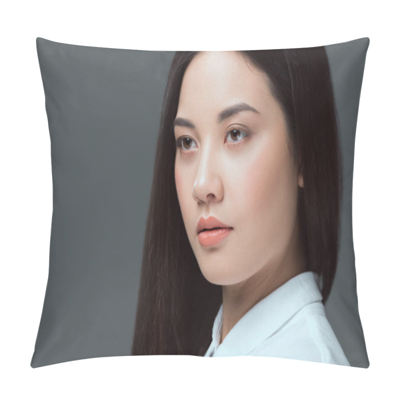 Personality  Close-up Portrait Of Beautiful Young Asian Woman Looking Away Isolated On Grey Pillow Covers