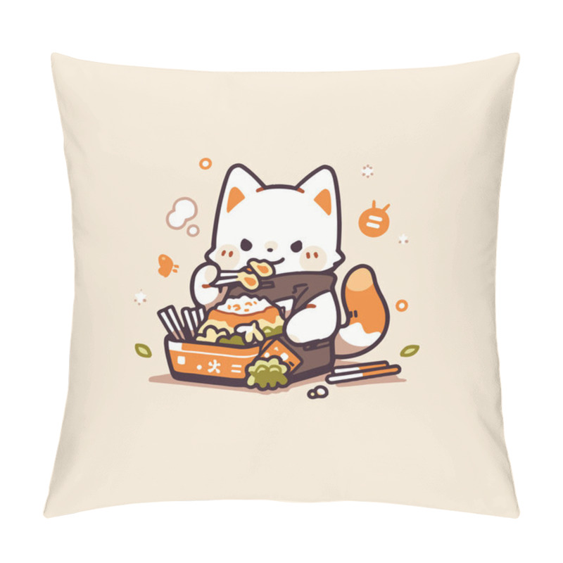 Personality  Cute Cartoon Cat Enjoying Sushi Feast. Cute Cat Vector. Pillow Covers