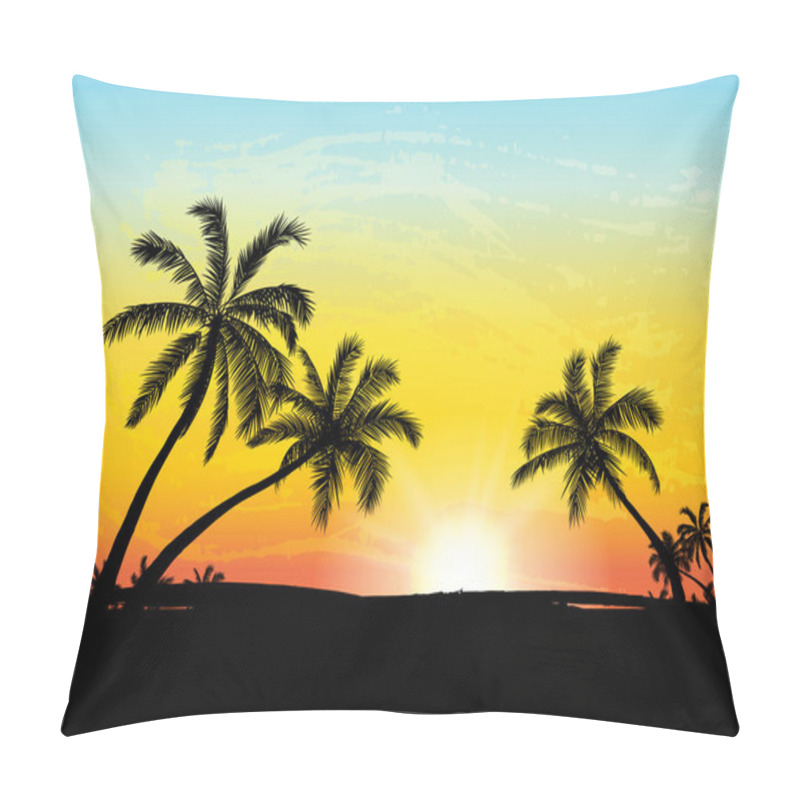 Personality  Card With Realistic Palm Trees Silhouette On Tropical Grunge Sunset Beach Background. Pillow Covers