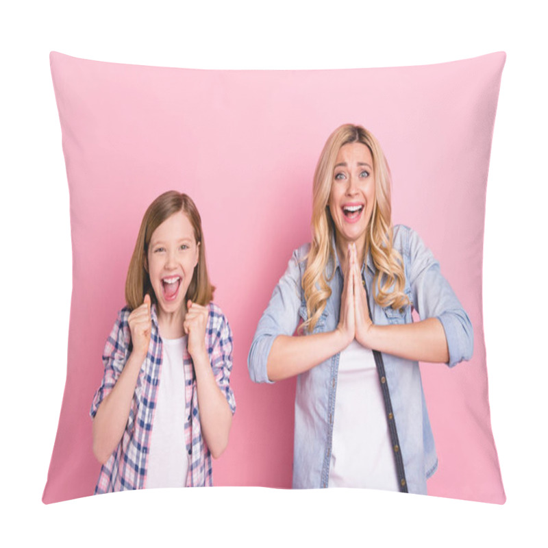 Personality  Portrait Of Ecstatic Mother Daughter Enjoy Corona Virus Victory Put Hands Together Raise Fists Scream Yes Wear Casual Denim Jeans Checkered Plaid Shirt Isolated Pastel Color Background Pillow Covers