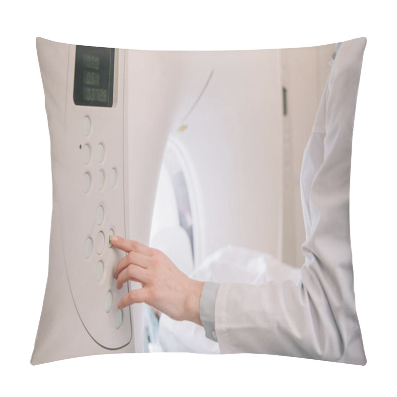 Personality  Cropped View Of Radiologist Operating Mri Machine While Patient Lying On Mri Scanner Bed Pillow Covers