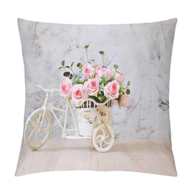 Personality  Artificial Pink Rose On Bicycles On Table Isolated On White Background Bouquet Bucket Bicycle With Soft Tone For Festive Background Or Wallpaper Copy Space For Lettering Valentine's Day Romantic Love  Pillow Covers