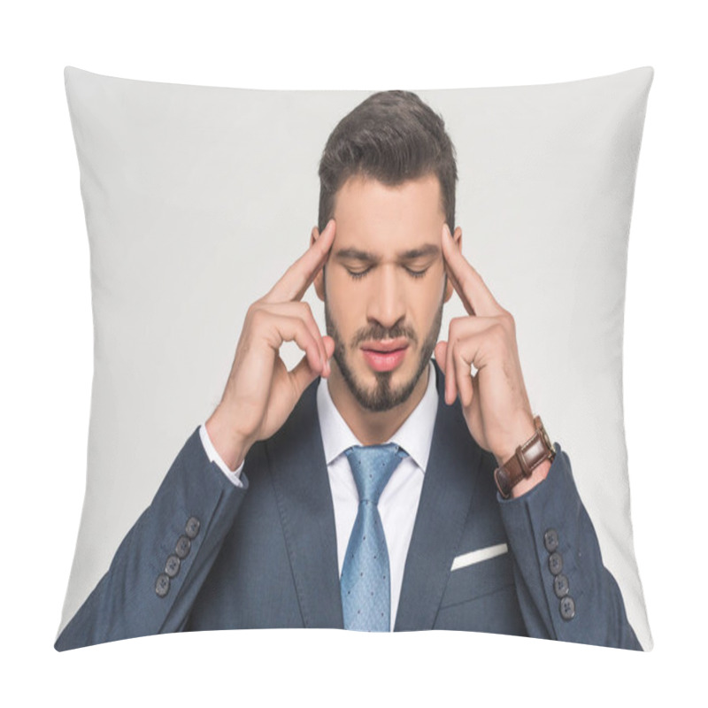 Personality  Stylish Young Businessman Suffering From Headache Isolated On Grey  Pillow Covers