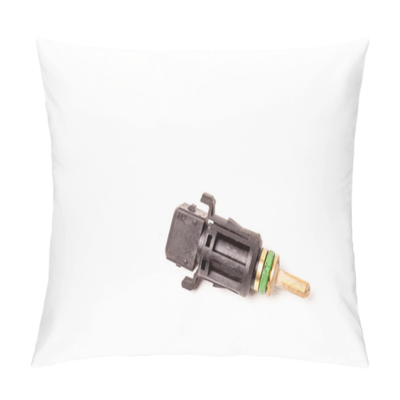 Personality  Black Coolant Temperature Sensor On A White Background With Yellow Metal Elements. The Engine Control Unit Corrective Composition Of The Air-fuel Mixture, The Engine Idle Speed, The Ignition Timing. Pillow Covers