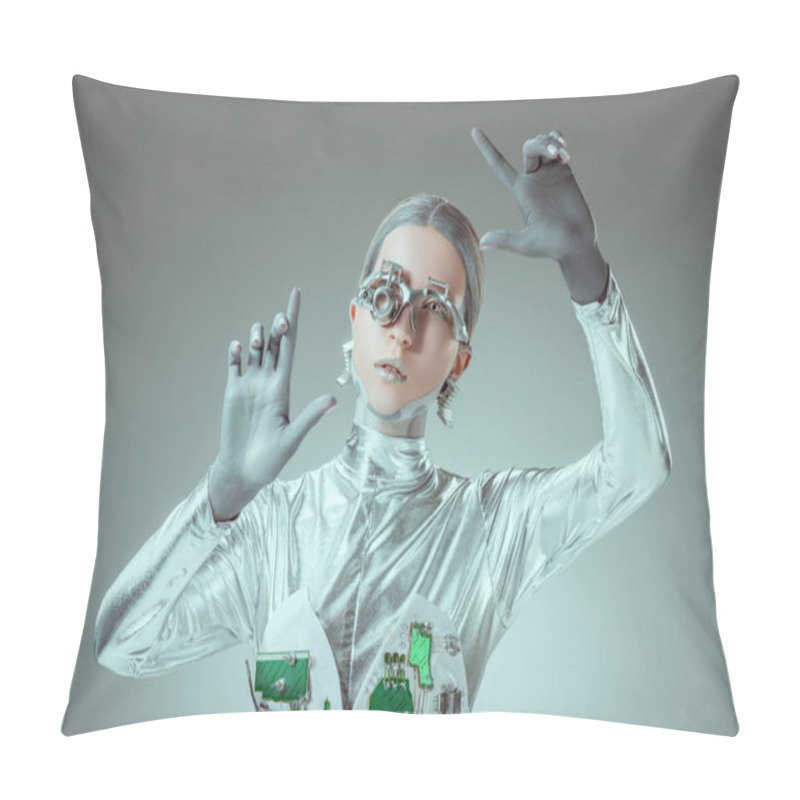 Personality  Futuristic Silver Robot Gesturing With Hands Isolated On Grey, Future Technology Concept Pillow Covers