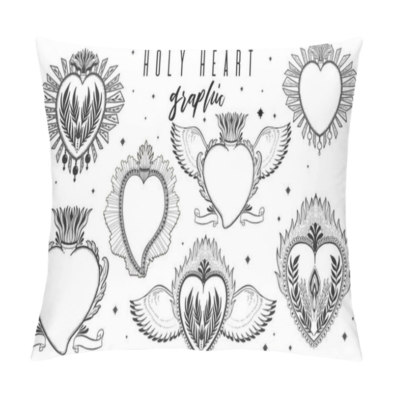 Personality  Sketch Graphic Illustration Set Holy Heart With Mystic And Occult Hand Drawn Symbols. Vintage Hands With Old Fashion Tattoos.Freemasonry And Secret Societies Emblems, Esoteric Symbol. Pillow Covers