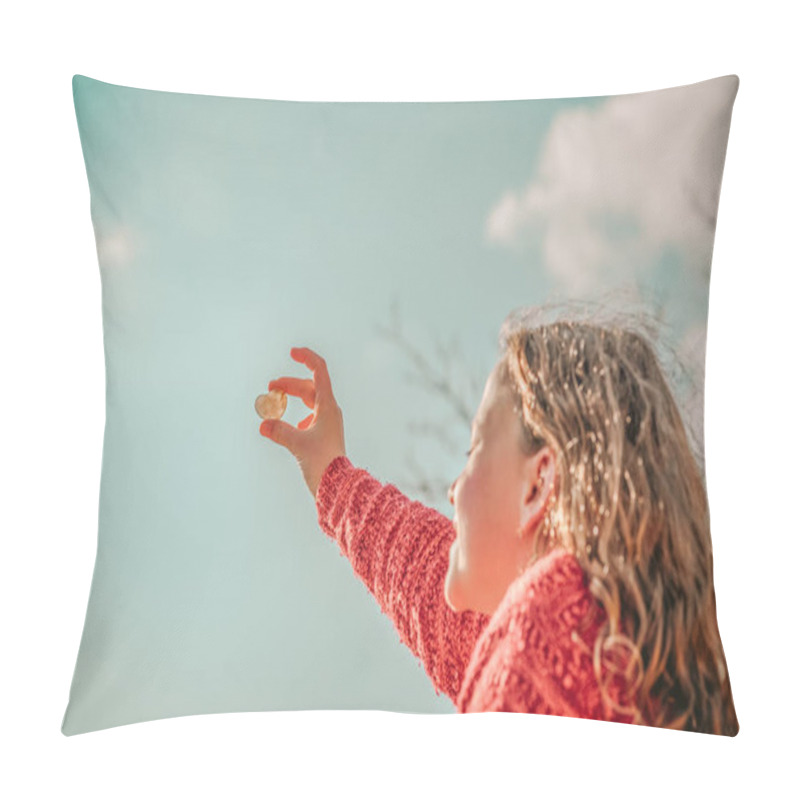 Personality  Heart Shaped Stone Held In Hands, Blue Sky In Background. Pillow Covers