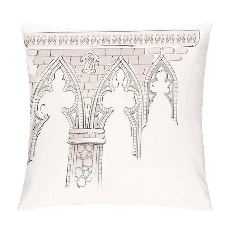 Personality  Fantasy Drawing Of Old Stone Wall. Ruined Knight Castle With Stained Glass Windows. Sketch Of Gothic Cathedral Interior. Middle Ages In Western Europe. Background For Poster, Banner, Travel Company. Pillow Covers