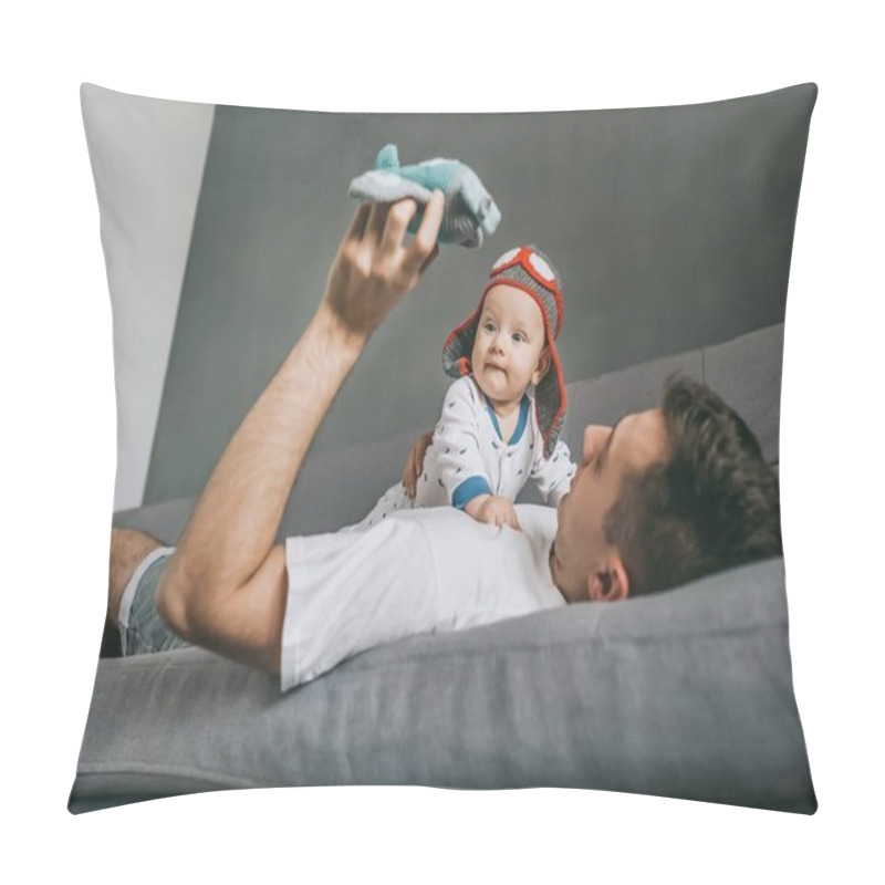 Personality  Father Holding Toy Plane And Playing With Adorable Infant Child Wearing Knitted Pilot Hat Pillow Covers