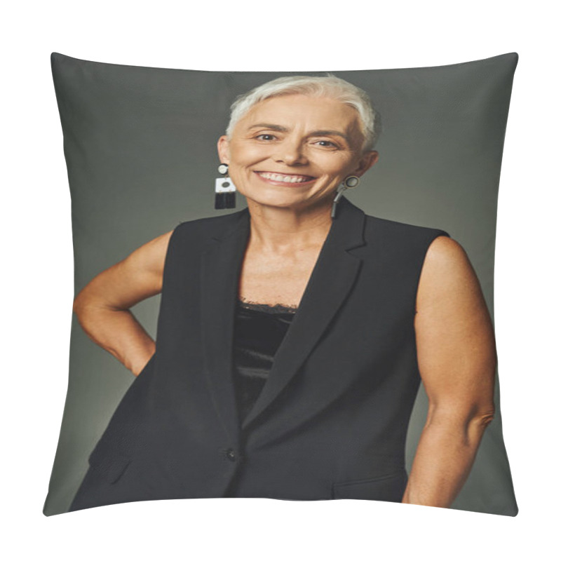 Personality  Cheerful Mature Lady In Black Attire And Trendy Earrings Looking Gat Camera On Grey, Elegant Aging Pillow Covers