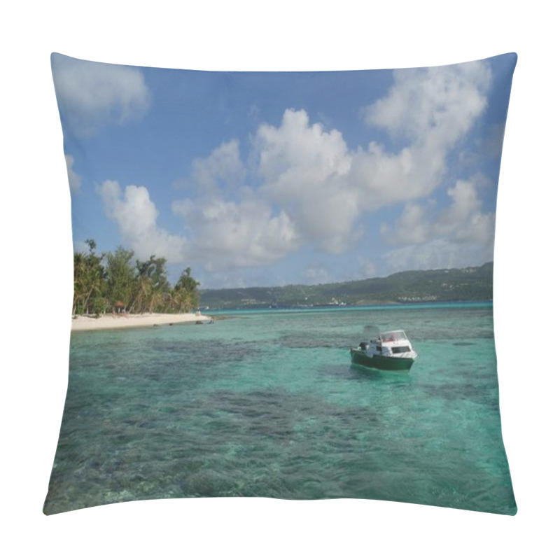 Personality  A Speedboat Sails Along The Pristine Blue Waters Of The Saipan Lagoon.  Pillow Covers