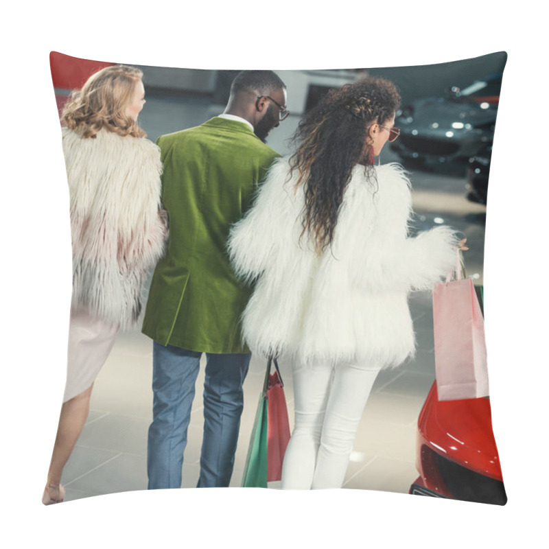 Personality  Stylish Young Shoppers Walking By Auto Showroom Pillow Covers