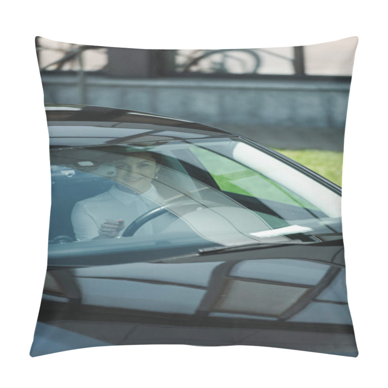 Personality  Attractive Businesswoman Sitting In Car And Smiling At Camera  Pillow Covers