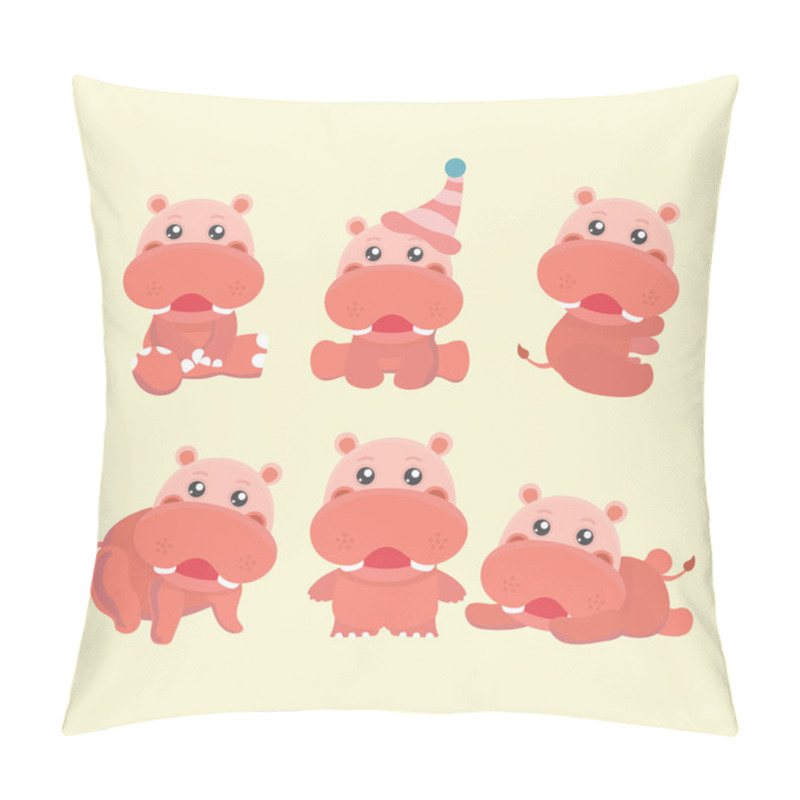 Personality  Collection Funny Hippo Different Poses In Cartoon Style. Pillow Covers