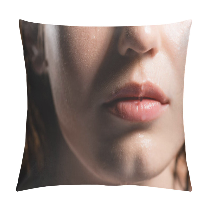 Personality  Cropped View Of Water Drops On Lips Of Young Woman Isolated On Grey  Pillow Covers