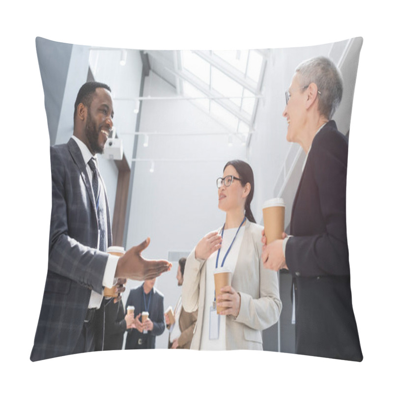 Personality  Happy African American Businessman Pointing With Hand Near Interracial Businesswomen Pillow Covers