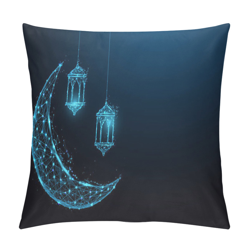 Personality  Crescent Moon With Hanging Lamps Islamic Festival Concept Form Lines And Triangles, Point Connecting Network On Blue Background. Illustration Vector Pillow Covers