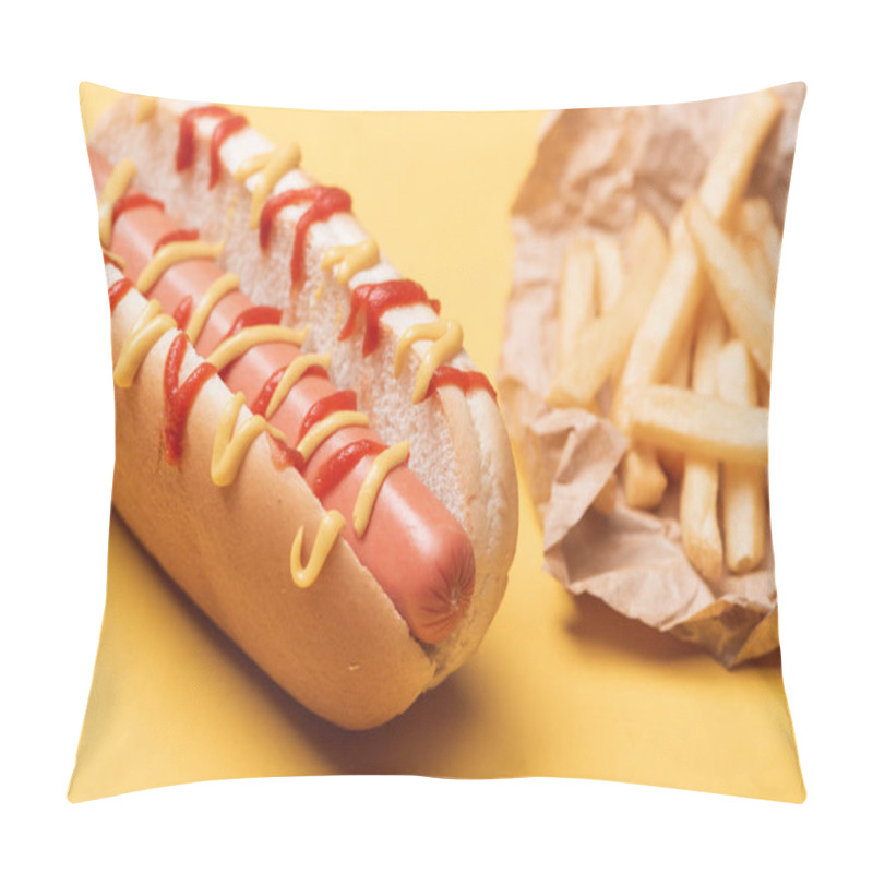 Personality  Delicious Unhealthy Hot Dog And French Fries In Paper On Yellow  Pillow Covers