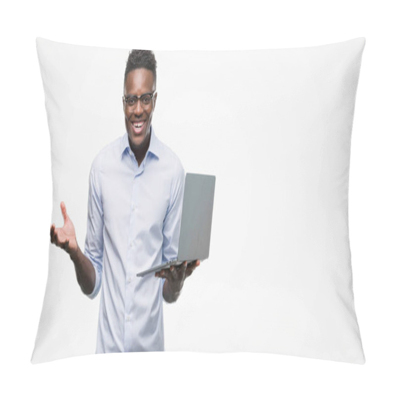 Personality  Young African American Businessman Using Computer Laptop Very Happy And Excited, Winner Expression Celebrating Victory Screaming With Big Smile And Raised Hands Pillow Covers