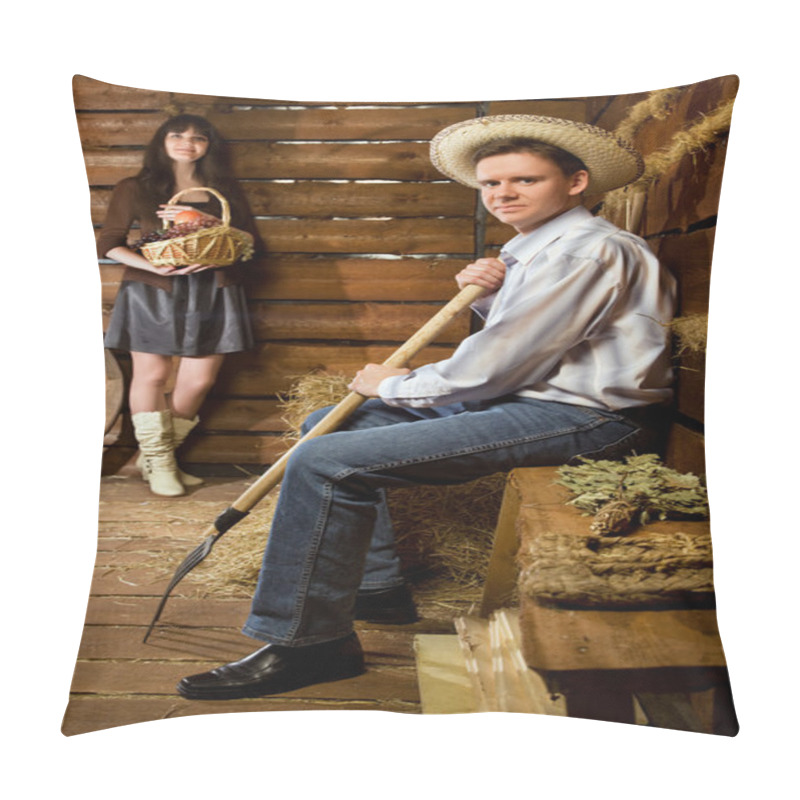 Personality  Smiling Man With Pitchfork And In Straw Hat Sitting On Bench Pillow Covers