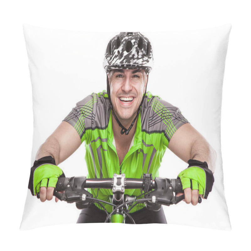 Personality  Young Male Cyclist With His Bicycle Pillow Covers