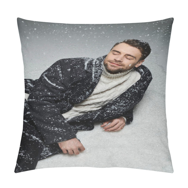 Personality  A Handsome Young Man Relaxes In Soft, Falling Snow, Embracing The Winter Seasons Beauty. Pillow Covers