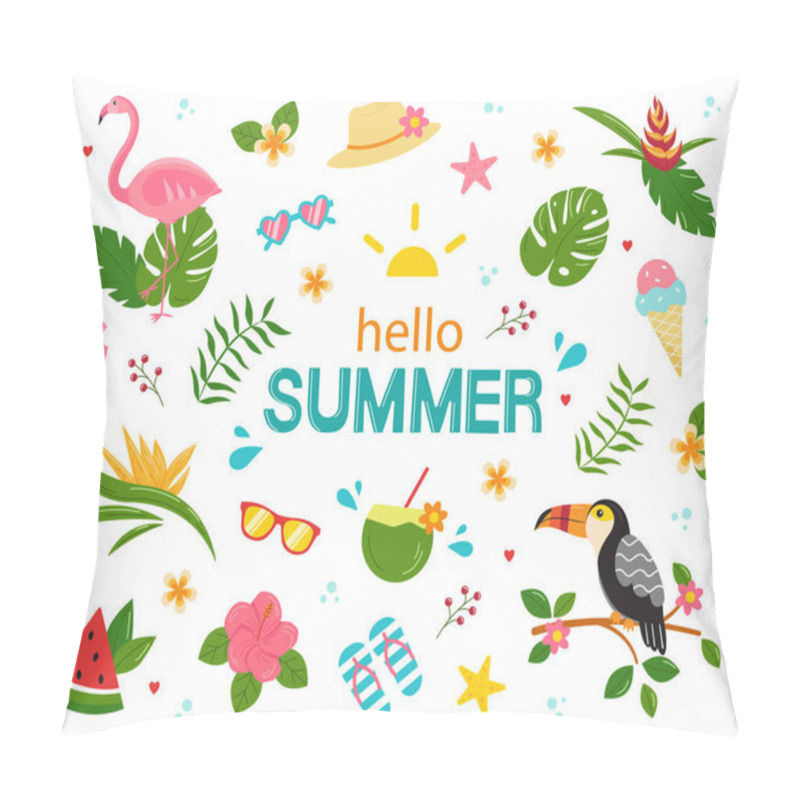 Personality  Set Of Cute Summer Design Elements: Flamingo, Ice Cream, Drinks, Palm Leaves, Accessories, Fruits And Flowers. Collection Of Bright Elements For Scrapbooking And Beach Party. Vector Illustration Pillow Covers