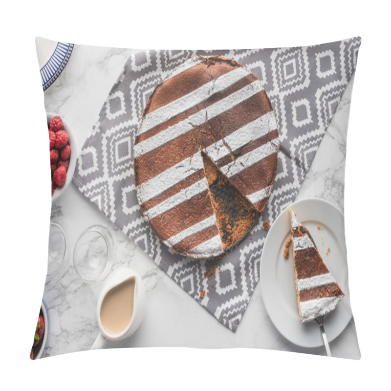 Personality  Top View Of Tasty Homemade Cake On Cloth And Fresh Berries On Marble Surface Pillow Covers