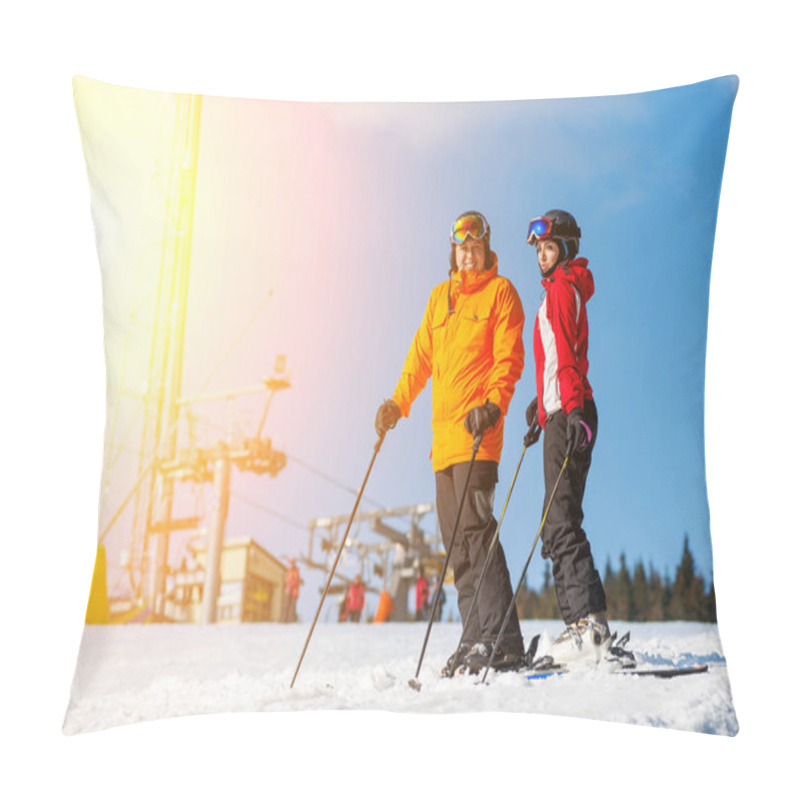 Personality  Couple Holding Skis Standing Together At A Winter Resort Pillow Covers