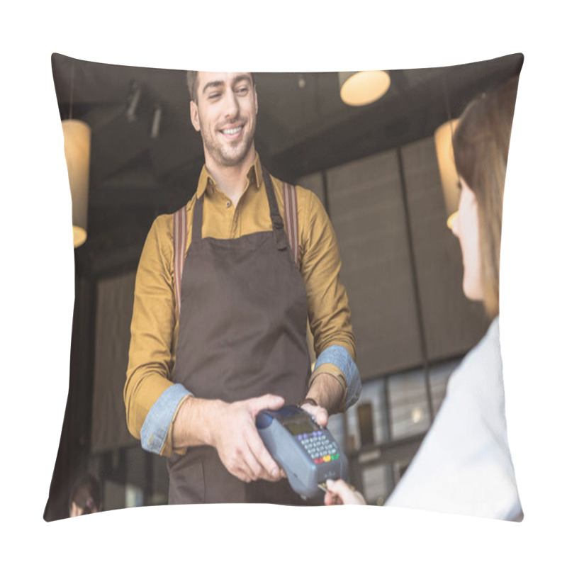 Personality  Happy Young Waiter Holding Payment Terminal While Client Inserting Credit Card Pillow Covers