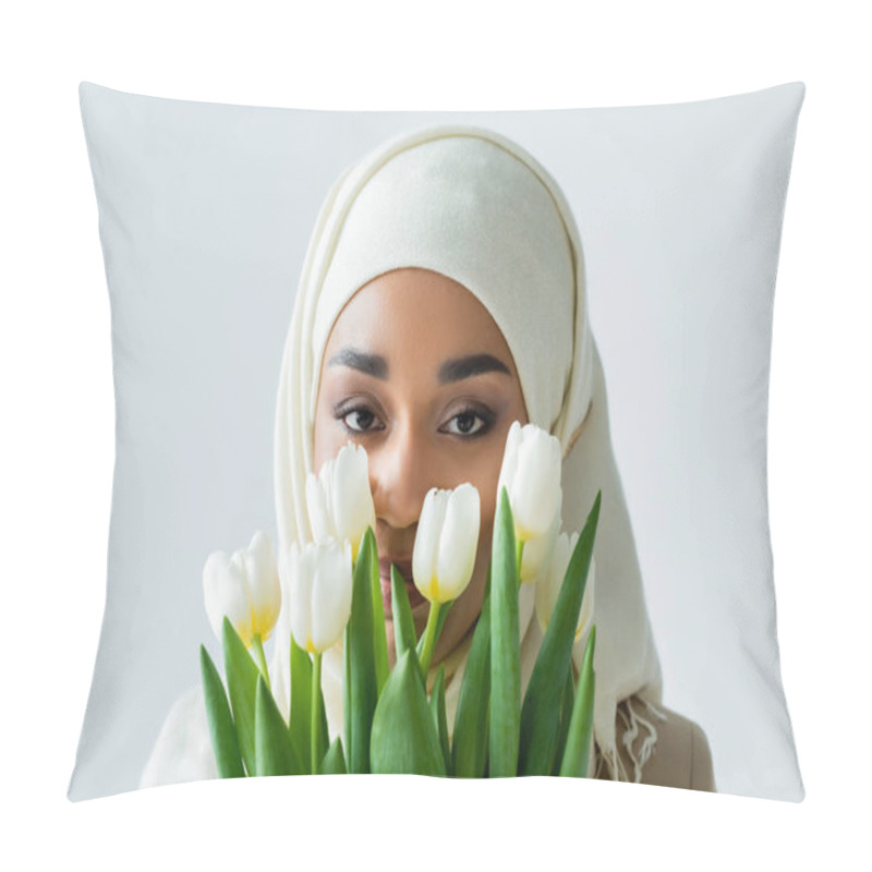 Personality  Muslim Woman In Hijab Looking At Camera Through Tulips Isolated On Grey Pillow Covers