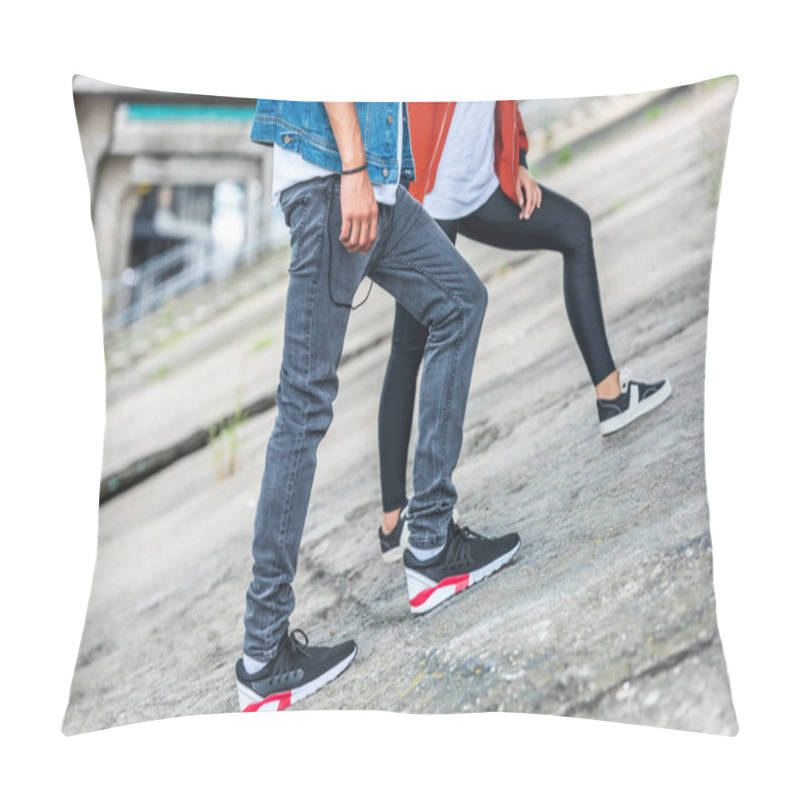 Personality  Cropped Image Of Stylish Young Couple Standing At City Street Pillow Covers