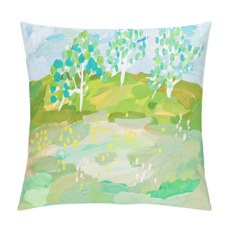 Personality  Children Drawing - Landscape With Three Trees Pillow Covers