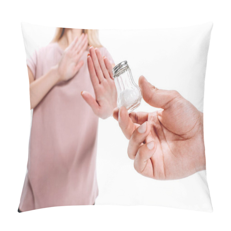 Personality  Cropped Image Of Woman Rejecting Unhealthy Salt Isolated On White Pillow Covers