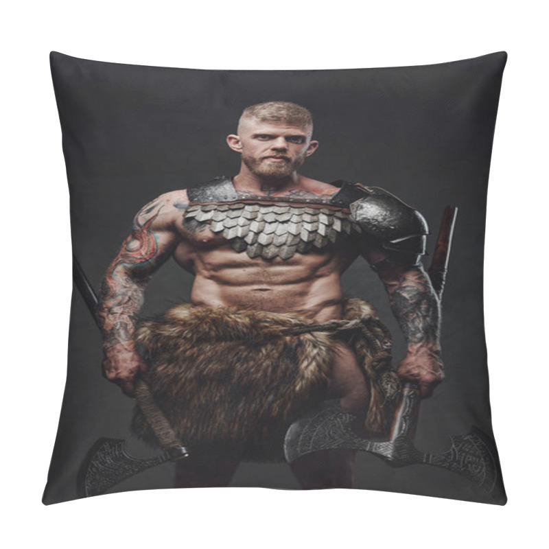 Personality  Brutal Tattooed Warrior Wearing Light Armour And Fur Holding Axes In Dark Studio Pillow Covers