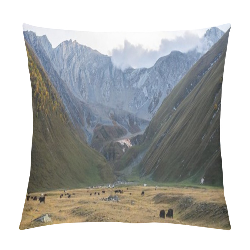 Personality  Brown And Black Cows In Open Area With Stunning Mountain Landscape Background. Truso Valley. KAzbegi National Park Pillow Covers