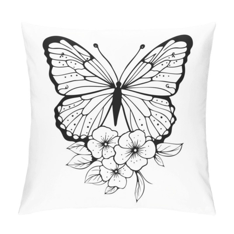 Personality  Butterfly Black Silhouette With Flowers, Outline. Vector Stock Illustration. Pillow Covers