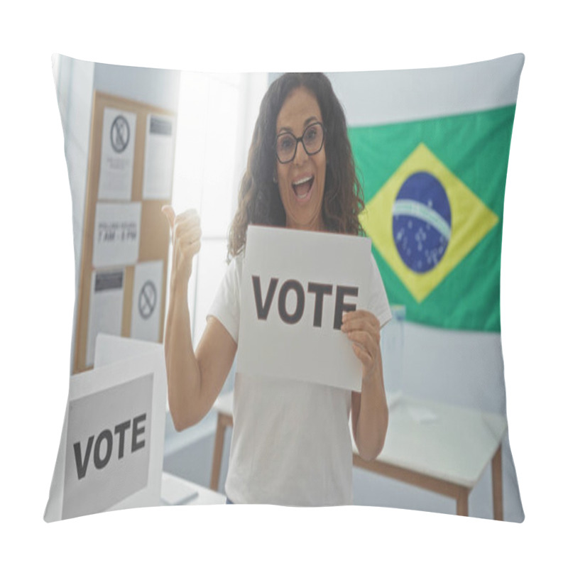 Personality  Hispanic Woman Making A Thumbs-up Gesture While Holding A Vote Sign In A Brazilian Electoral College Room With A Brazilian Flag In The Background. Pillow Covers