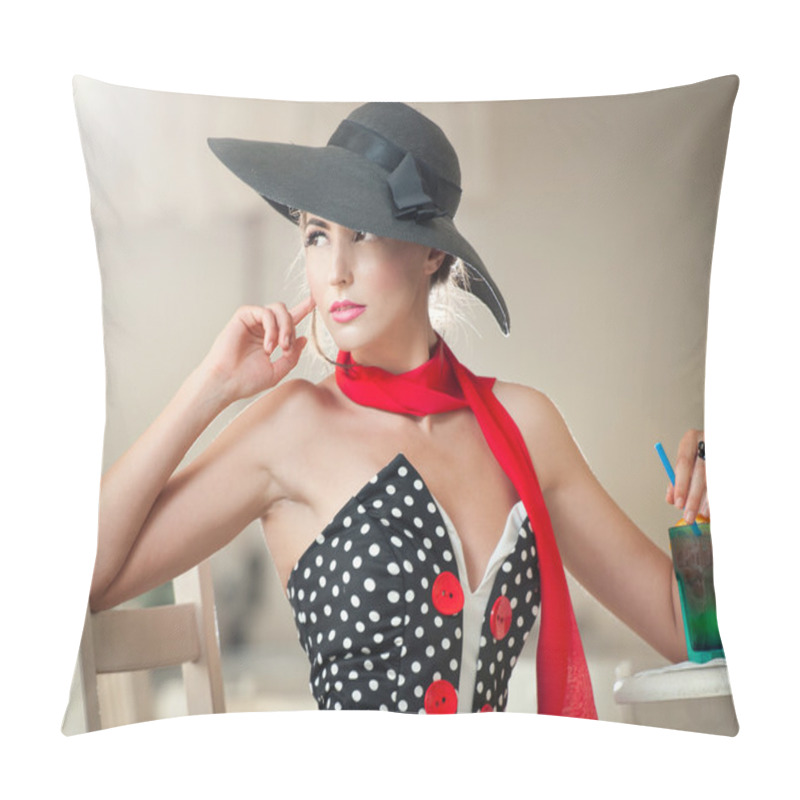 Personality  Fashionable Attractive Lady With Black Hat And Red Scarf Sitting On Chair In Restaurant, Indoor Shot. Young Woman Posing In Elegant Scenery. Art Photo Of Elegant Sensual Woman, Vintage Style Pillow Covers