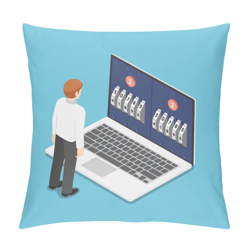 Personality  Isometric Businessman Standing In Front Of Laptop With Two Step  Pillow Covers