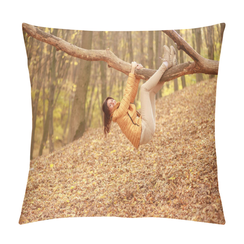 Personality  A Beautiful Young Woman Walks Along A Trail In The Forest, Autumn Dry Leaves On The Ground, Leaf Fall, November. Pillow Covers